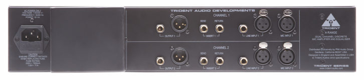 The back panel of the Trident A-Range channel strip includes XLR connectors for both Line and Mic inputs, with duplicate quarter-inch TRS jacks. Sets of TRS jacks also run in parallel with the Line output XLRs. Additional pairs of quarter-inch unbalanced Send/Return jacks allow audio processors to be inserted pre or post the equalizer.