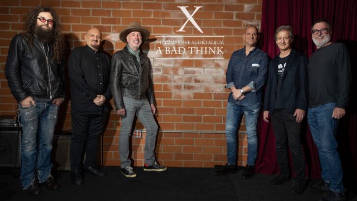 Shown L-R are members involved in the production of the album X, including Kirk Hellie (guitars), Phil Shenale (keyboards), Michael Marquart (A Bad Think/producer/engineer), Brian Lucey (Dolby Atmos Mastering Engineer), Bob Clearmountain (mixer), and Dave Way (producer/engineer). Photo by Chris Schmitt Photography.