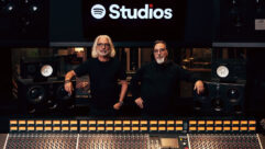 William Garrett, left, and Chris D’Angelo in Spotify At Mateo Studio A, behind the Rupert Neve Designs 5088 Shelford console and amid the ATC monitors. PHOTO: Sean Michon
