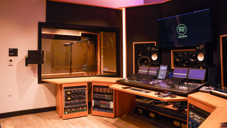 Studio B, the 7.1.4 Dolby-certified mix and overdub room, with Avid S4 controller and ATC LCR monitors, with PMC surrounds and height. PHOTO: Sean Michon