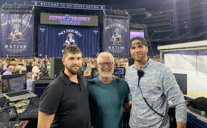 Holding down the FOH fort at the tour’s last stop—Gillette Stadium in Foxboro, MA—were (l-r) systems engineer Kenny Hottnestein; FOH engineer Robert Scovill; and crew chief/head systems engineer Dave Shatto.