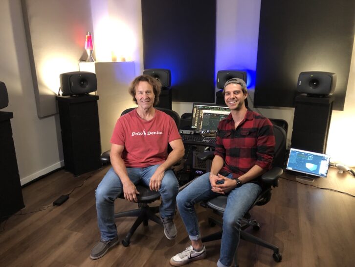 Producer/engineer Jeff Balding, left, with his mix assistant, Tristan Ableson, in the Genelec-based 7.1.4 Studio A at Imogen Sound.