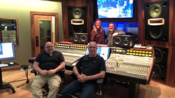 Pictured at Curb Studios’ new API Legacy AXS console in Studio A are, in back from left, Aaron Rowlin and Pat McMakin, and sitting, from left, studio manager and staff engineer David Bates, and chief engineer Craig White.