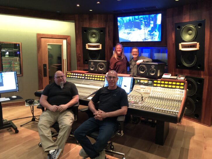 Pictured at Curb Studios’ new API Legacy AXS console in Studio A are, in back from left, Aaron Rowlin and Pat McMakin, and sitting, from left, studio manager and staff engineer David Bates, and chief engineer Craig White.
