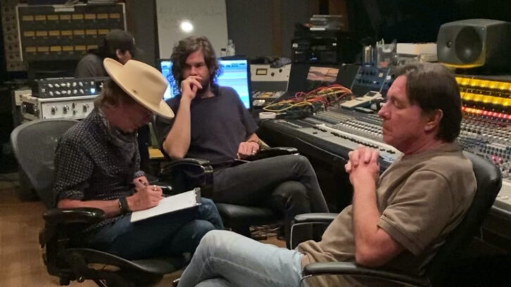 At Arlyn Studios, co-producers Charlie Sexton (left) and Freddy Fletcher (right) confer with chief engineer Jacob Sciba while engineer Joseph Holguin works in the background. PHOTO: Ellee Fletcher Durniak.