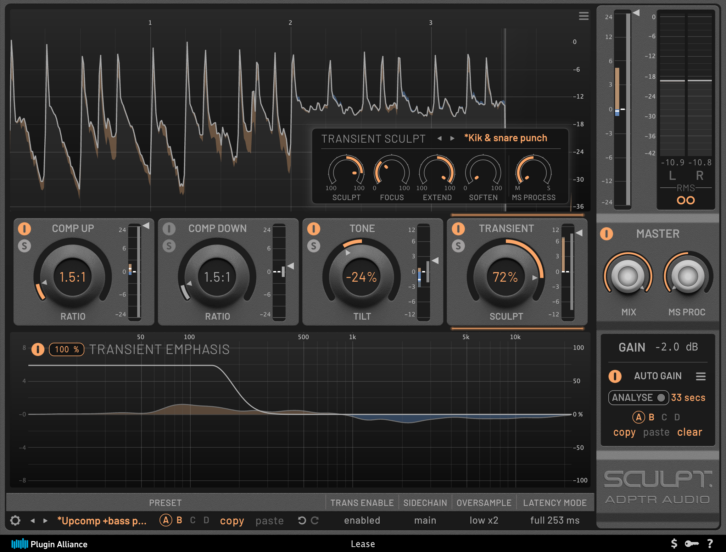 Sculpt’s four modules are arranged horizontally across the GUI’s midsection. An excessive 64:1 upward compression ratio is used here to more clearly show the white trace and blue and orange shadings in Sculpt’s Gain History Graph (top of GUI) and Tone Area (bottom).