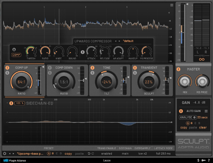 Sculpt’s four modules are arranged horizontally across the GUI’s midsection. An excessive 64:1 upward compression ratio is used here to more clearly show the white trace and blue and orange shadings in Sculpt’s Gain History Graph (top of GUI) and Tone Area (bottom).