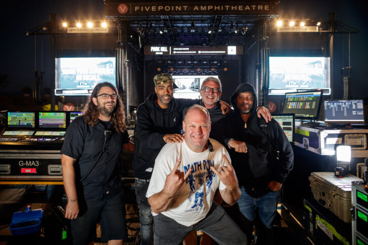 Pausing before another marathon three-hour concert began were (clockwise from left): Nick Abaghababian, sound crew; Dean “Cruise” Glenn, Wu-Tang Clan studio engineer; Ralph Mastrangelo, CEO, PK Alliance; Peter Dottin, FOH engineer; and Chad Fuller, production manager.