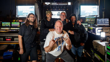 Pausing before another marathon three-hour concert began were (clockwise from left): Nick Abaghababian, sound crew; Dean “Cruise” Glenn, Wu-Tang Clan studio engineer; Ralph Mastrangelo, CEO, PK Alliance; Peter Dottin, FOH engineer; and Chad Fuller, production manager.