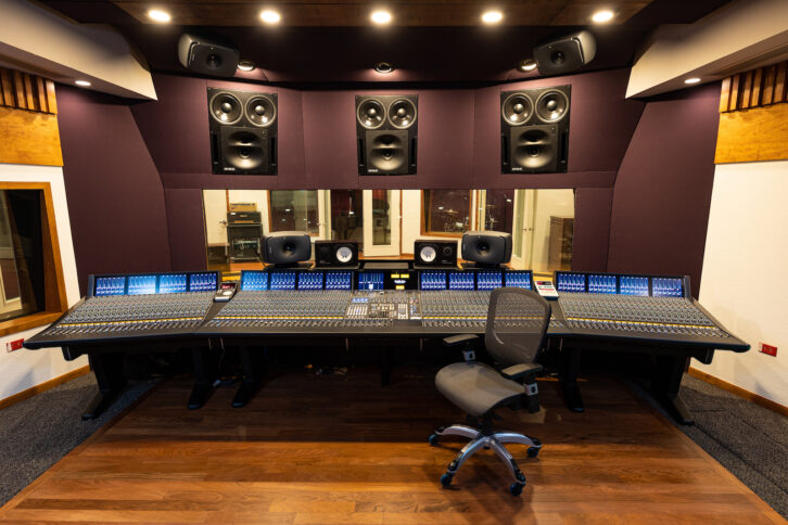 Studio A, the flagship at Mansion Sound, is centered around a 96-input SSL Duality Fuse console and Genelec 7.1.4 monitoring system, including 1234A Smart Active Monitors for LCR and surrounds, with four 8351Bs for ceiling and two 7380A subwoofers for bass management and LFE. PHOTO: Chris Schmitt