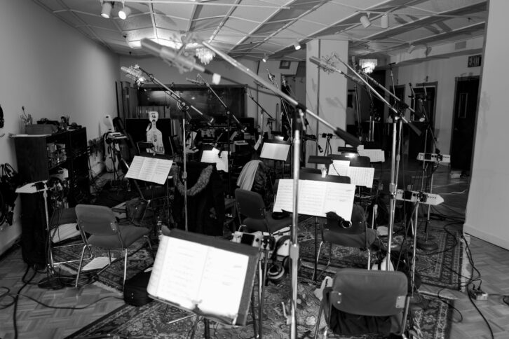 The studio setup at Sear Sound, New York City, for the 22-piece string section, awaiting the musicians. PHOTO: Jim Anderson