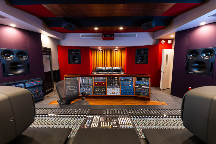 A look at the rear of Studio A, with its extensive outboard gear collection and soffit-mounted, three-way Genelec 1234A Smart Active Monitors for the surrounds. PHOTO: Chris Schmitt