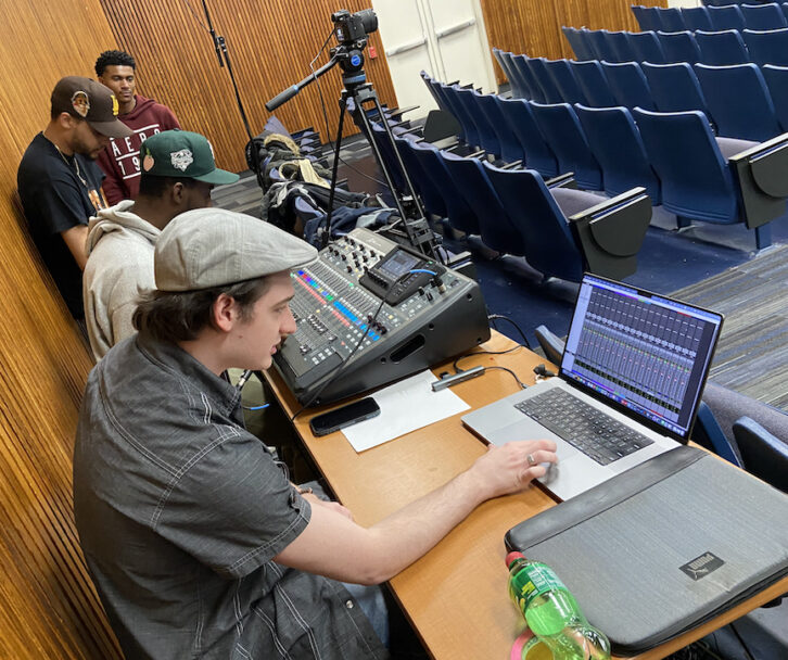 Mercy Live Sound students at the mix position running the FOH console and Pro Tools.