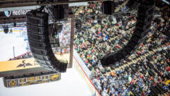 Two of the Xcel Energy Center's eight hangs of Meyer Sound Panther loudspeakers and some of the 1100-LFC low-frequency control elements. Photo: Luke Schmidt.