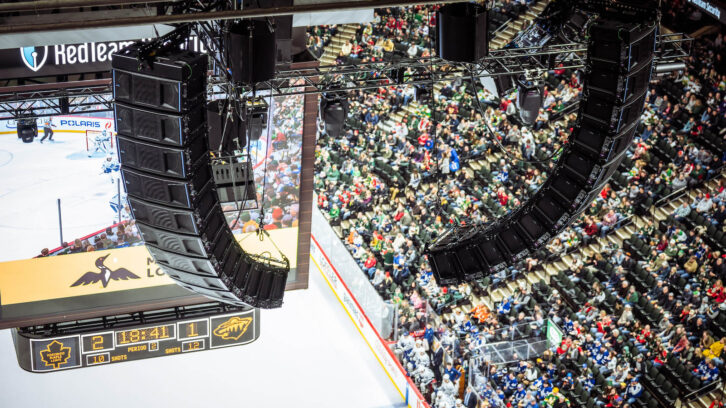 Two of the  Xcel Energy Center's eight hangs of Meyer Sound Panther loudspeakers and some of the 1100-LFC low-frequency control elements. Photo: Luke Schmidt.