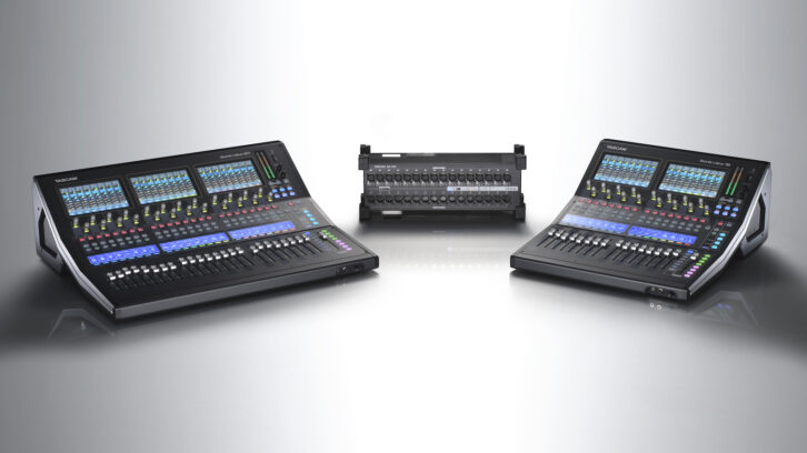 L-R: The Tascam Sonicview 24XP console, the SB-16D Dante-enabled stage box, and Sonicview 16XP console.