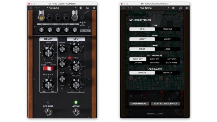 Each plug-in features a CV section (left at top) and Settings page (right) similar to these from the MF-108S ClusterFlux.