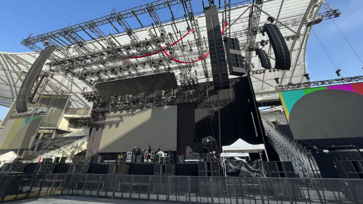 A view of the L-Acoustics K Series loudspeaker complement for the band’s Knotfest festival at Banc of California Stadium in Los Angeles