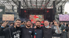 Left to right: Alex Markides, FOH for Killswitch Engage; Jonathan “Twan” Jarrel, FOH for Code Orange; Brian Sankus, System Engineer; and Bob Strakele, FOH for Slipknot with Eighth Day Sound’s L-Acoustics K Series arrays seen in the background