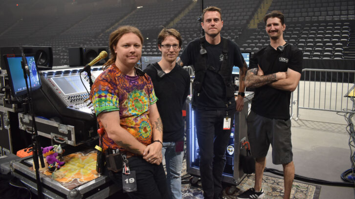 Tackling sound for Billy Strings and his band every night are (l-r): Andy Lytle, FOH engineer; Jimmy Marsh, system engineer; Charlie Bryson, production manager/monitor engineer; and Adam Wells, PA tech.