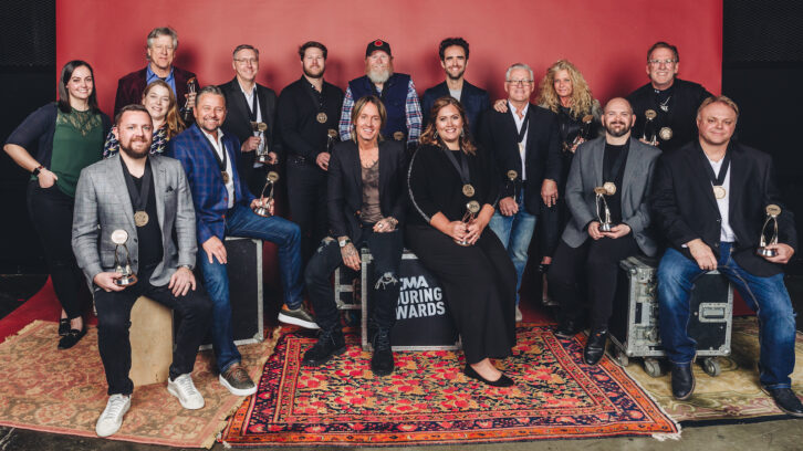 Winners of the 2022 CMA Touring Awards were honored during an industry celebration at Marathon Music Works in Nashville on Monday, Jan. 30. (L – R, back row): Morgan Pitt and Chrissy Hall (Ryman Auditorium), John Huie, John Stalder, Austin Neal, Chris Kappy, Dan Hochhalter, Robert Scovill, Jill Trunnell and Brian O’Connell. (L – R, front row): Michael Zuehsow, David Farmer, Keith Urban, Stephanie Mundy Self, Tyler Hutcheson and Jerry Slone. Photo Credit: Hunter Berry/CMA 