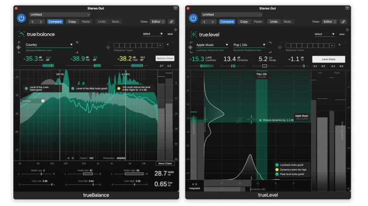True:Balance (left) helps you compare the spectral balance of your audio against real-world references, while True:Level (right) lets you know when your audio meets standard LUFS and True Peak targets or matches your uploaded reference tracks.