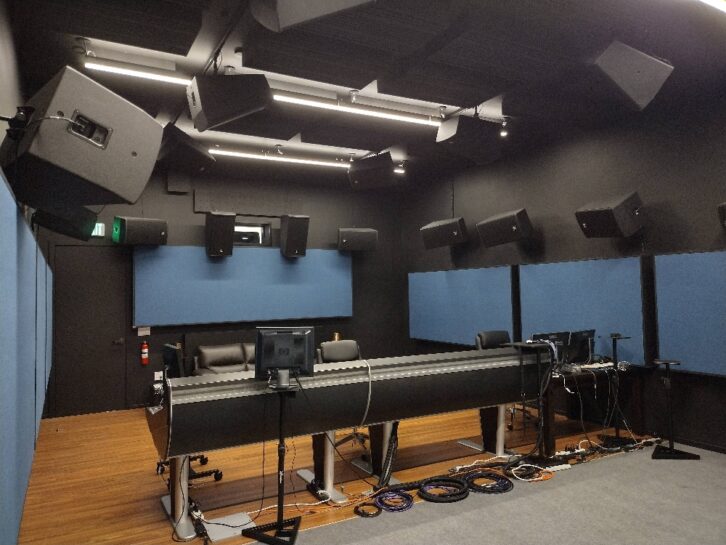 The view from behind the Harrison MPC5 console, with JBL 9320 monitors on the walls and ceiling.