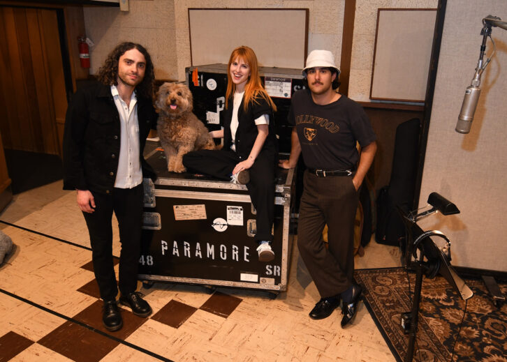 Paramore are seen during sessions in Studio B at United Recording, (L-R) Taylor York, Alf, Hayley Williams, and Zac Farro. Photo by David Goggin. 