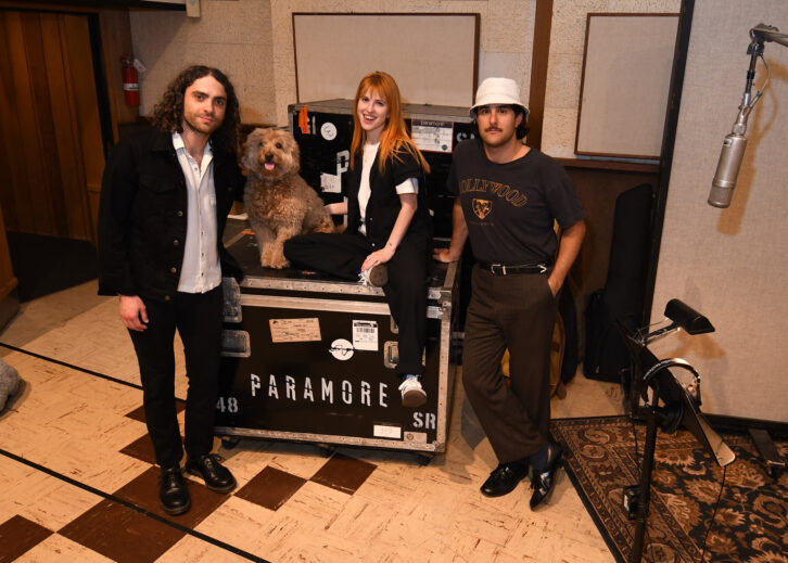 Paramore are seen during sessions in Studio B at United Recording, (L-R) Taylor York, Alf, Hayley Williams, and Zac Farro. Photo by David Goggin.