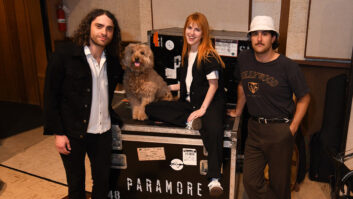 Paramore are seen during sessions in Studio B at United Recording, (L-R) Taylor York, Alf, Hayley Williams, and Zac Farro. Photo by David Goggin.
