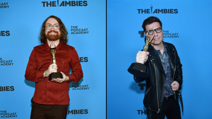 Defacto Sound’s Casey Emmerling (left) accepted Twenty Thousand Hertz’s Ambie award for Best Production and Sound Design, while Double Elvis Productions’ Jake Brennan (right) took home Disgraceland’s award for Best Original Score and Music Supervision last night at The Podcast Academy's Third Annual Awards for Excellence in Audio. Photos: Denise Truscello/Getty Images for The Podcast Academy / The Ambies