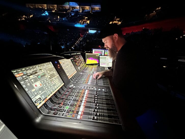 Hitting the road with Chris Young, FOH engineer Erik Rogers has been mixing on a Yamaha Rivage PM10 console for the first time. PHOTO: Paris Visone