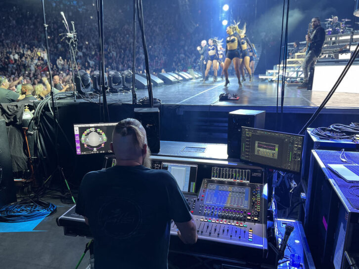 Matt Holden, Pitbull’s monitor engineer, mixing the Can’t Stop Us Now North American tour on a DiGiCo Quantum5 console equipped with a DMI-KLANG card. Photo: James Romeo.