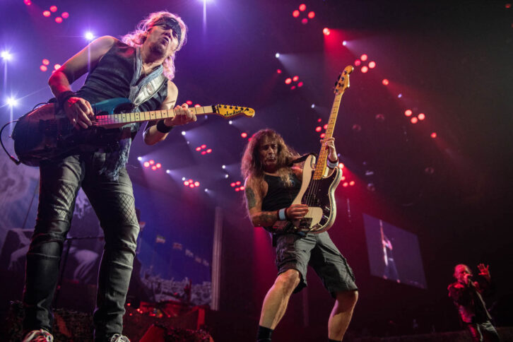 Adrian Smith (left) prefers to use in-ear monitors, while Steve Harris opts to use Turbosound TMS3 sidefills and custom wedges.
