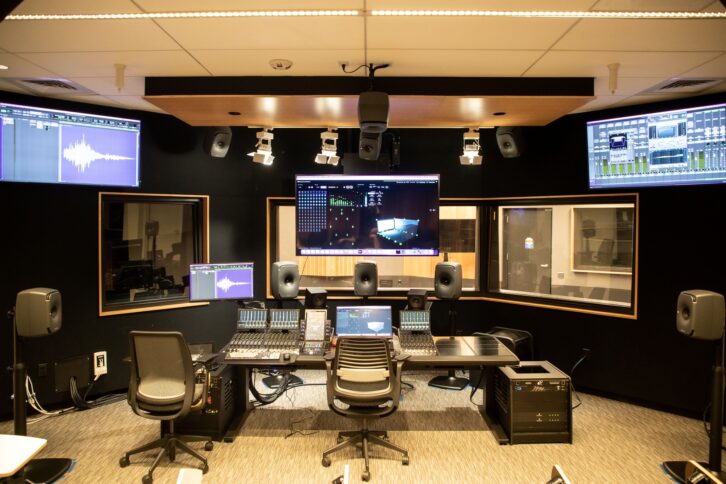 The main mix control room, which is also a 25-seat classroom, at the new Media and Immersive eXperience (MIX) Center, home of The Sidney Poitier New American Film School at Arizona State University, featuring a Dolby 7.1.4 Atmos system composed of Genelec Smart Active Monitors. Photo: Qianhui Ma
