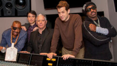 In January 2023, after 20 years, Troy Germano reacquired rights to The Hit Factory name, bringing back one of the world’s iconic studio brands and renaming his world-class Germano Studios in NoHo, New York City. Pictured in Studio 2, from left: Slick Rick, engineer Kenta Yonesaka, Troy Germano, Mark Ronson and Steve Jordan. Photo: Bob Gruen.