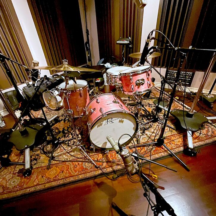 A close-up view of a typical drum setup in Studio 1. PHOTO: Troy Germano 