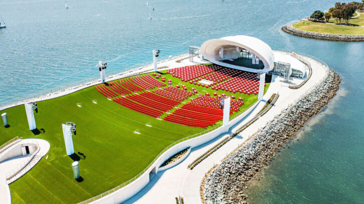 The Rady Shell at Jacobs Park in San Diego, home of the San Diego Symphony Orchestra, where Soundforms designed the shell enclosure and audiences hear sound technology from L-Acoustics.