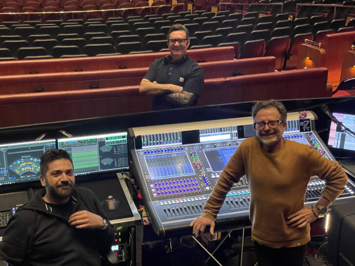 The Adele immersive sound team at the Colosseum, from left: System engineer Johnny Keirle, production manager Paul English and FOH mixer Dave Bracey. PHOTO: Courtesy of DiGiCo