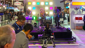 The power of audio is readily apparent around the NAB Show floor, even at booths that have nothing to do with audio. Everywhere you go, there’s musicians plying their trade, whether its string quartets performing in TV camera booths so that cameras can be tested focusing on real people, or this quartet at the booth of lighting and camera lens specialists ARRI, making passers-by stop to hear note-for-note renditions of 1980s hard rock.