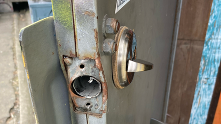 One of two doors that were broken by the burglars. Photo: John Vanderslice via GoFundMe.