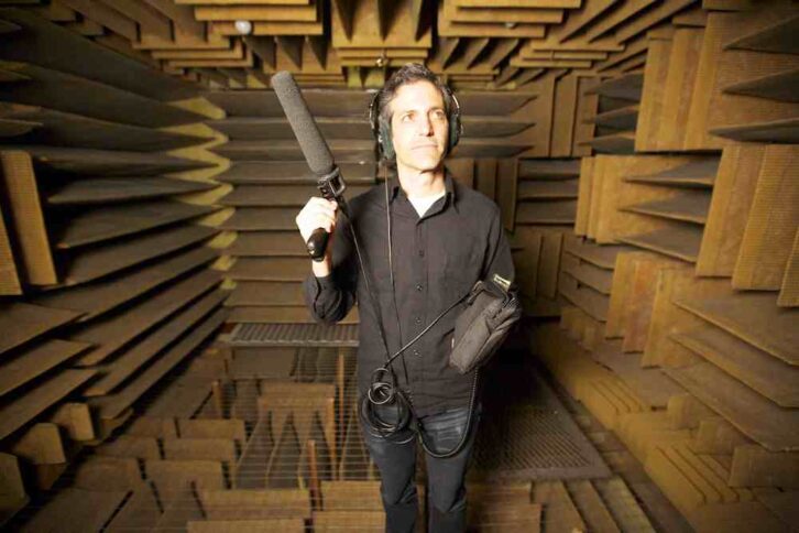 Director Sam Green recording sound in an anechoic chamber. Courtesy of Sam Green.
