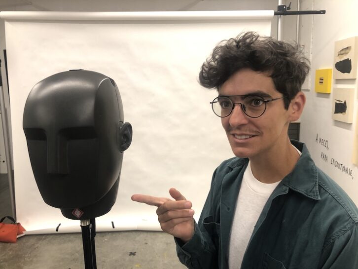 Musician and sound artist JD Samson with the Neumann KU 100 used for binaural recording