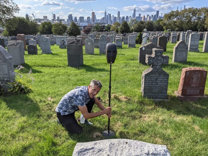 Director Sam Green recording the quiet of a cemetery in New York City. Courtesy of Sam Green.