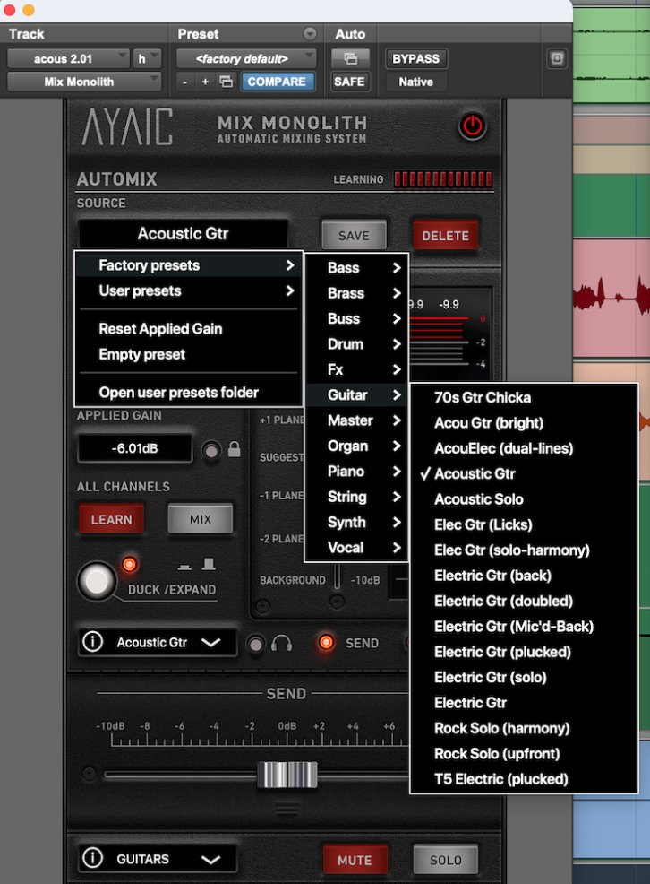 Each preset category features variations of source types.