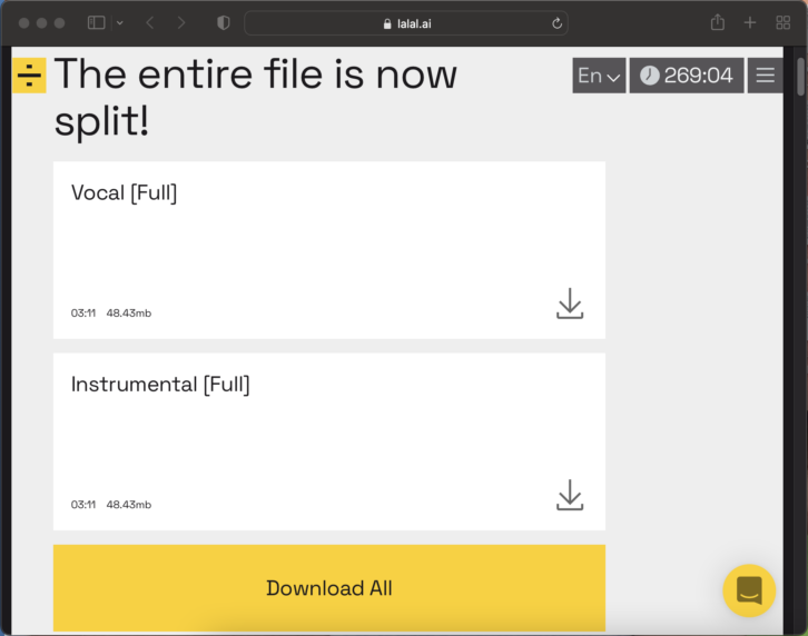 Lalal.ai reports that your separated audio is ready for download.