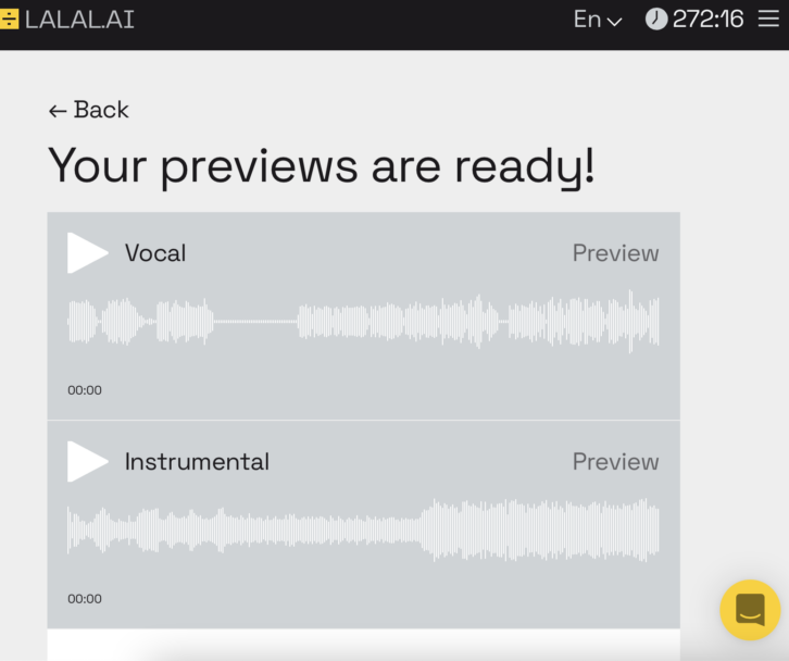 The Lalal.ai Previews screen, with separation tracks ready for evaluation.