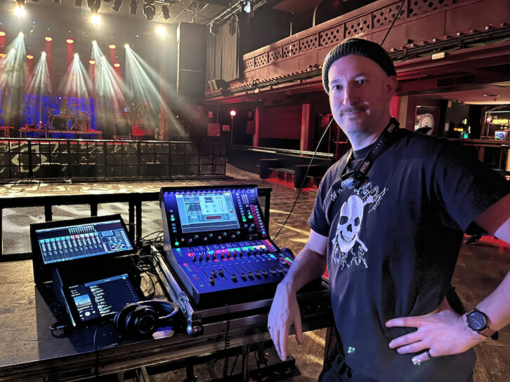 Chris Mock, FOH engineer for The Baboon Show, with his Allen & Heath dLive CTi1500 digital mixing system.