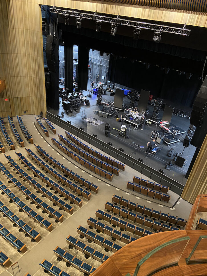 A view of the Main Theater with the orchestra pit raised to floor level, and filled with additional front-row seats.