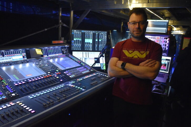 Beneath the stage, Matt Napier oversees a DiGiCo Quantum7 console for the band’s monitor mixes.